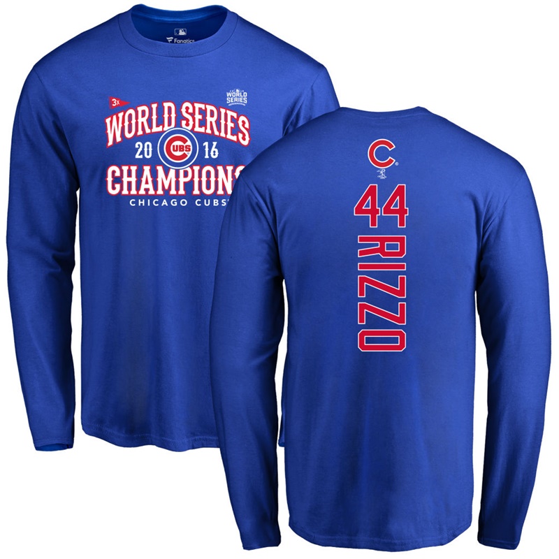 Men's Chicago Cubs Anthony Rizzo #44 Royal 2016 World Series Champions Back Name & Number Long Sleeve T-Shirt