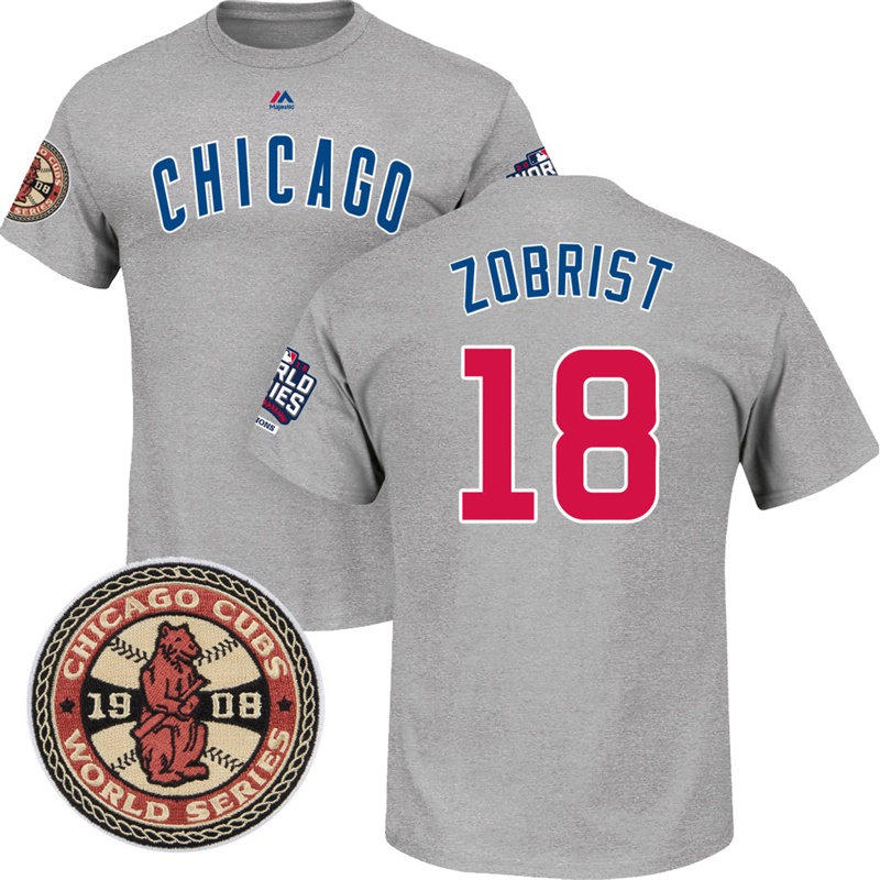 Men's Chicago Cubs Ben Zobrist #18 Grey 1908 And 2016 World Series Champions T-Shirt