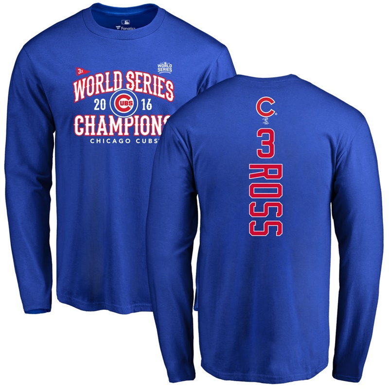 Men's Chicago Cubs David Ross #3 Royal 2016 World Series Champions Back Name & Number Long Sleeve T-Shirt