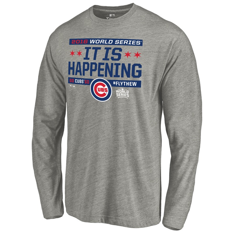 Men's Chicago Cubs Heather Gray It Is Happening Long Sleeve T-Shirt