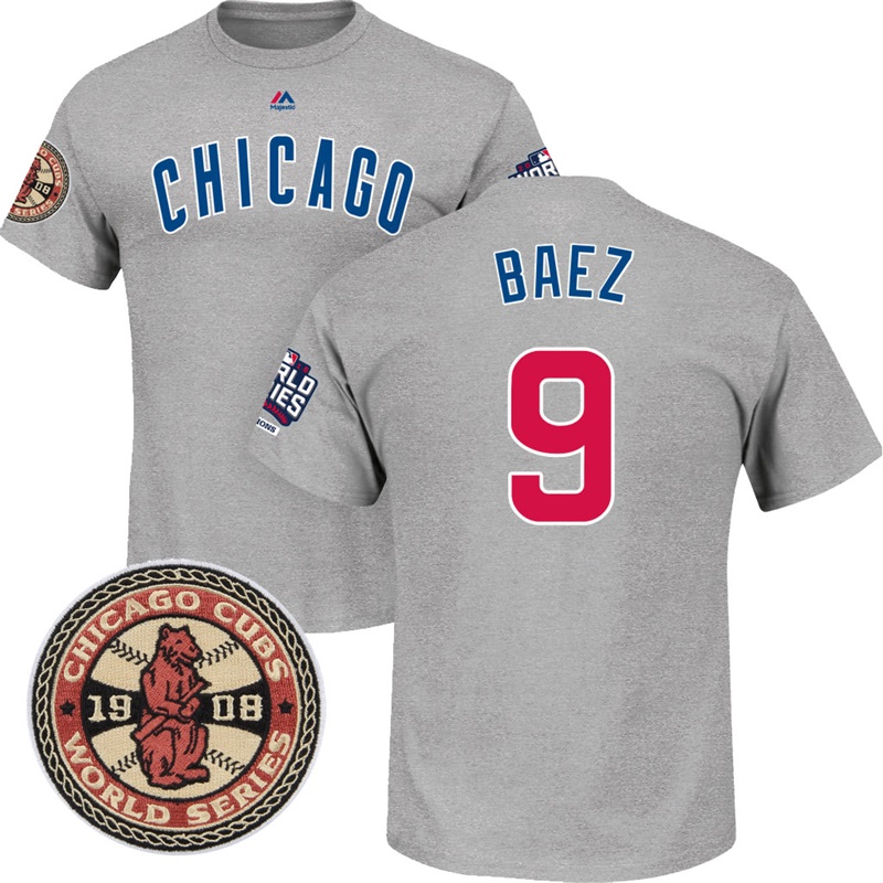 Men's Chicago Cubs Javier Baez #9 Grey 1908 And 2016 World Series Champions T-Shirt