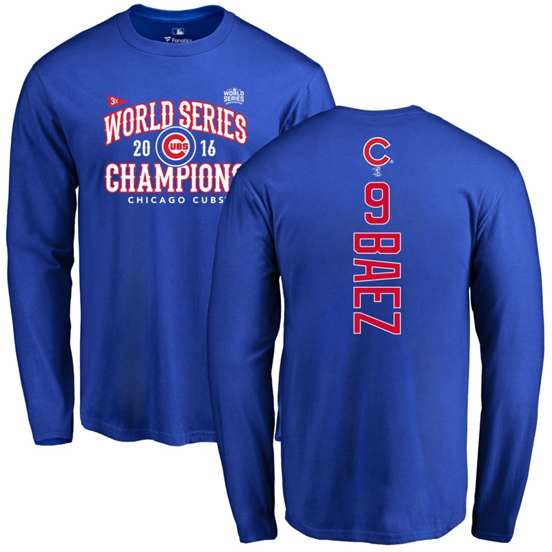 Men's Chicago Cubs Javier Baez #9 Royal 2016 World Series Champions Back Name & Number Long Sleeve T-Shirt