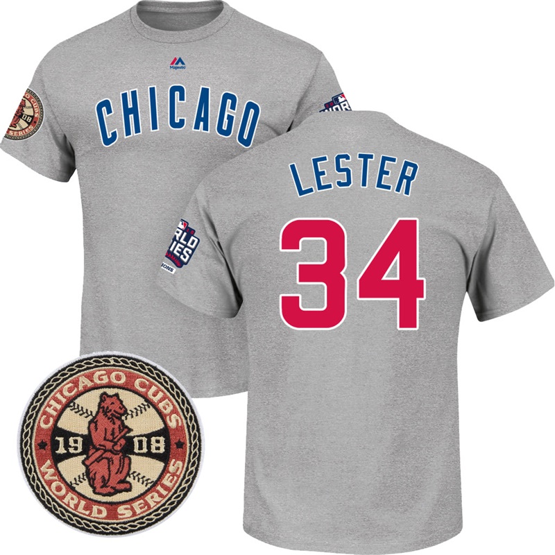 Men's Chicago Cubs Jon Lester #34 Grey 1908 And 2016 World Series Champions T-Shirt