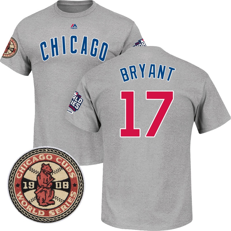 Men's Chicago Cubs Kris Bryant #17 Grey 1908 And 2016 World Series Champions T-Shirt