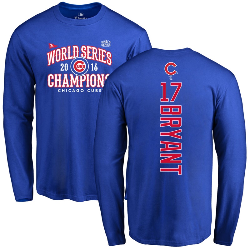 Men's Chicago Cubs Kris Bryant #17 Royal 2016 World Series Champions Back Name & Number Long Sleeve T-Shirt