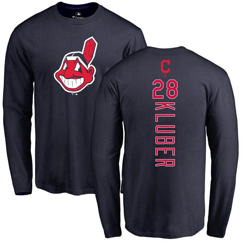 Men's Cleveland Indians Corey Kluber #28 Navy Backer Name & Number Long Sleeve T-Shirt