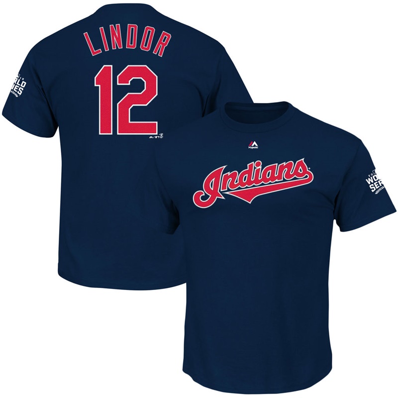 Men's Cleveland Indians Francisco Lindor #12 Navy 2016 World Series Bound Name & Number T-Shirt T-Shirt