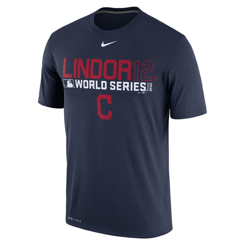 Men's Cleveland Indians Francisco Lindor #12 Navy 2016 World Series Bound Player Legend T-Shirt