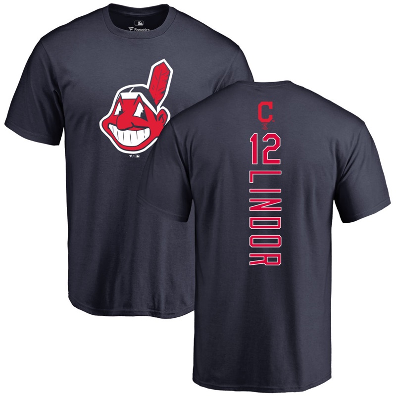 Men's Cleveland Indians Francisco Lindor #12 Navy Backer Name & Number Short Sleeve T-Shirt