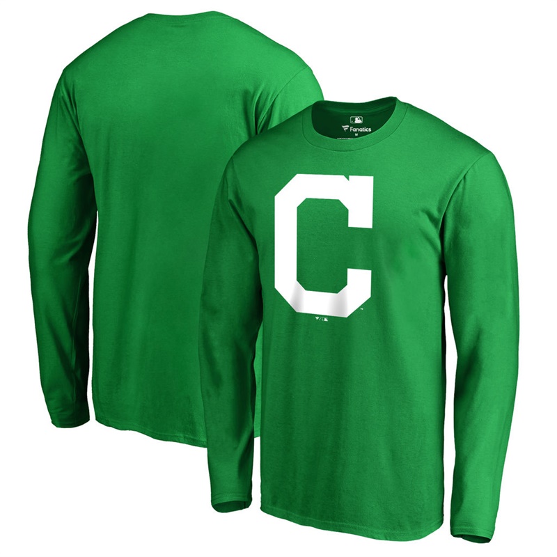 Men's Cleveland Indians Kelly Green St. Patrick's Day White Logo Long Sleeve T-Shirt