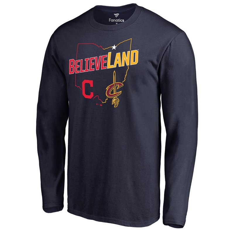 Men's Cleveland Indians Navy Cleveland Cavaliers & Cleveland Indians Believeland Long Sleeve T-Shirt