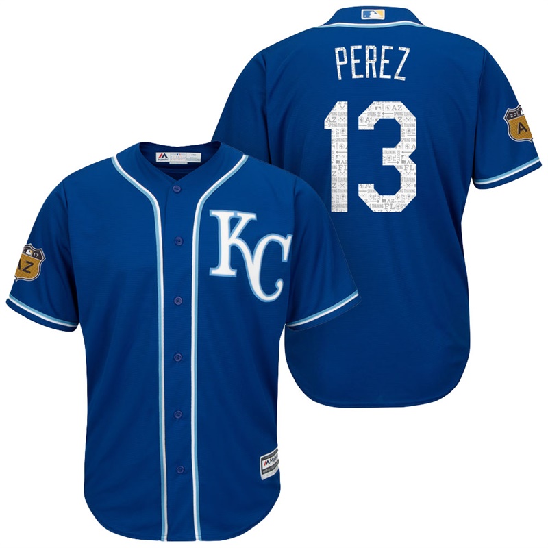 Men's Kansas City Royals #13 Salvador Perez 2017 Spring Training Cactus League Patch Royal Cool Base Jersey