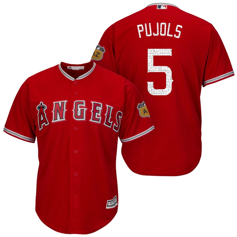 Men's Los Angeles Angels #5 Albert Pujols 2017 Spring Training Cactus League Patch Scarlet Cool Base Jersey