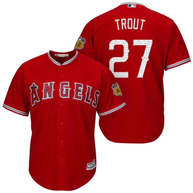 Men's Los Angeles Angels #27 Mike Trout 2017 Spring Training Cactus League Patch Scarlet Cool Base Jersey