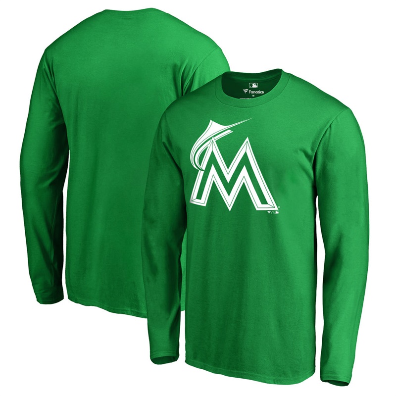 Men's Miami Marlins Kelly Green St. Patrick's Day White Logo Long Sleeve T-Shirt