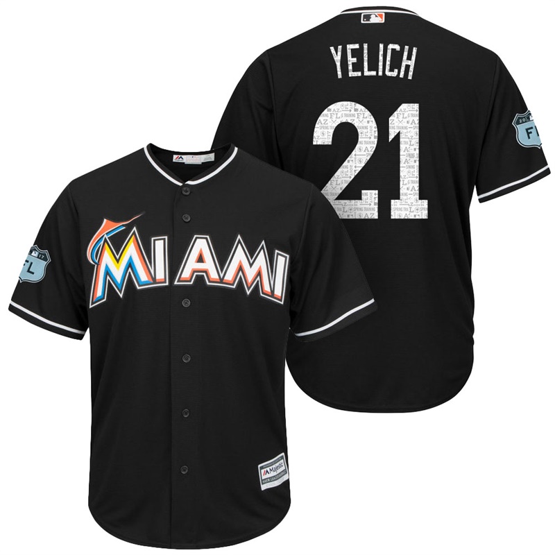 Men's Miami Marlins #21 Christian Yelich 2017 Spring Training Grapefruit League Patch Black Cool Base Jersey