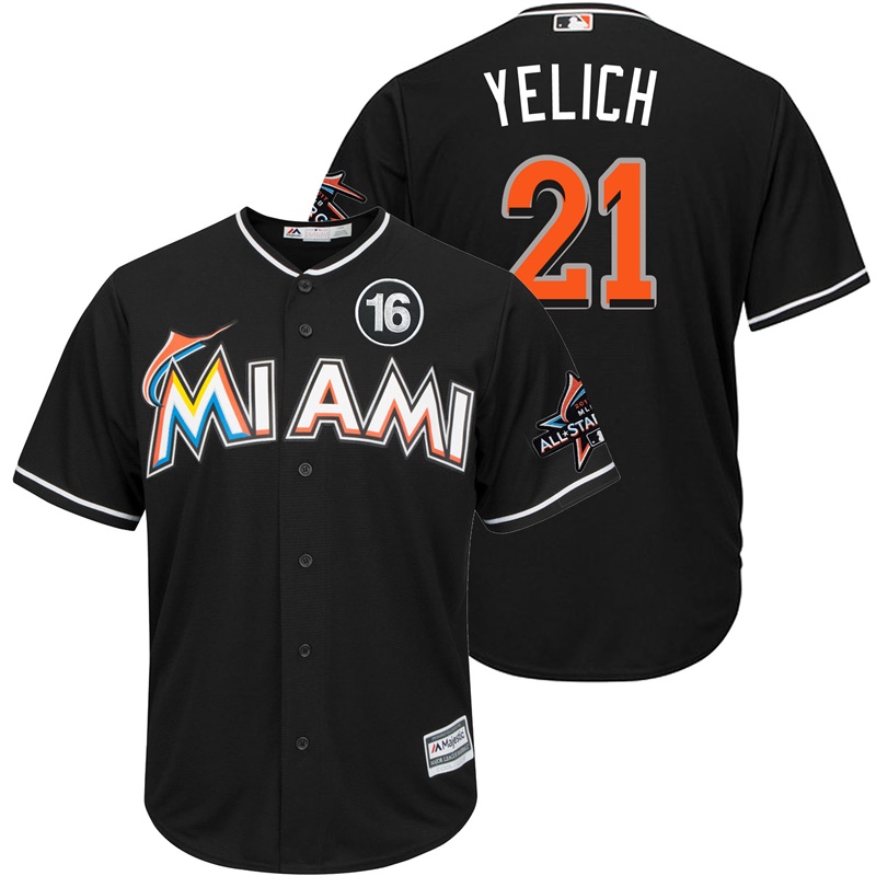 Men's Miami Marlins #21 Christian Yelich 2017 All-Star Jose Fernandez Patch Black Cool Base Jersey