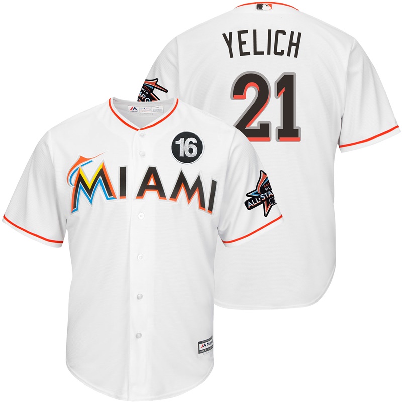 Men's Miami Marlins #21 Christian Yelich 2017 All-Star Jose Fernandez Patch White Cool Base Jersey