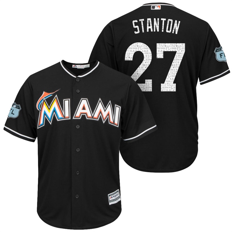 Men's Miami Marlins #27 Giancarlo Stanton 2017 Spring Training Grapefruit League Patch Black Cool Base Jersey