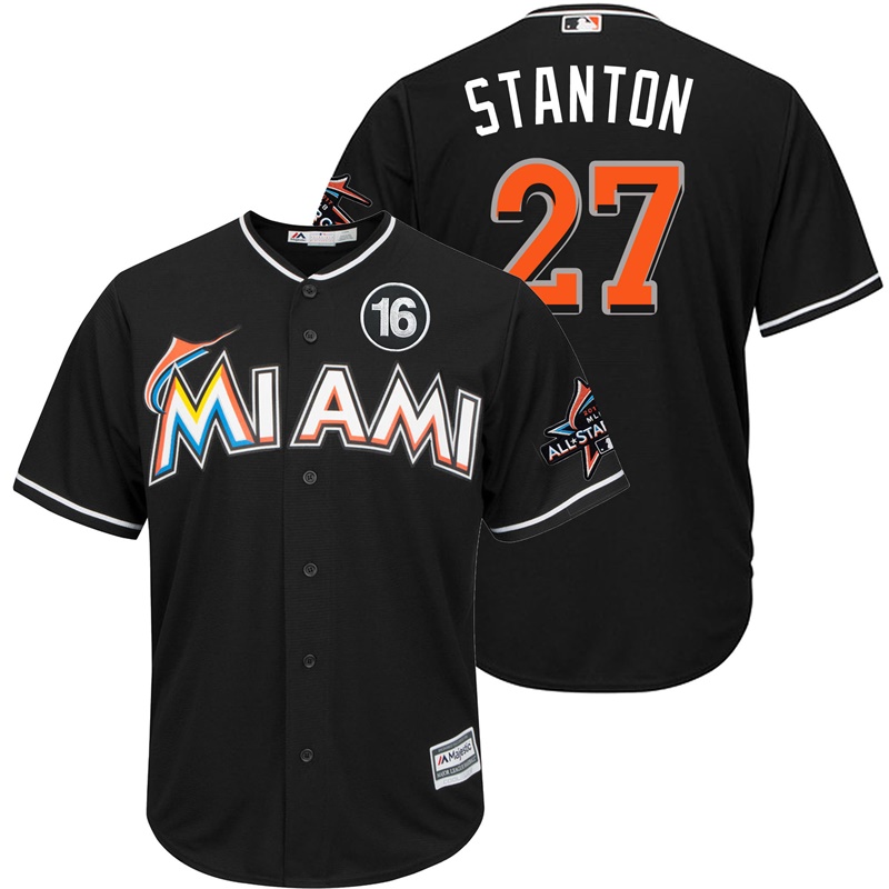 Men's Miami Marlins #27 Giancarlo Stanton 2017 All-Star Jose Fernandez Patch Black Cool Base Jersey