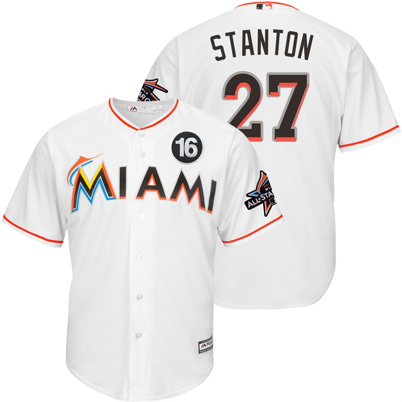 Men's Miami Marlins #27 Giancarlo Stanton 2017 All-Star Jose Fernandez Patch White Cool Base Jersey