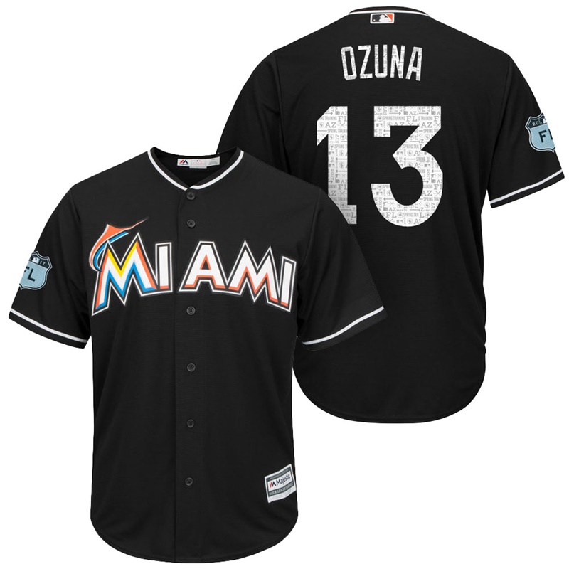 Men's Miami Marlins #13 Marchell Ozuna 2017 Spring Training Grapefruit League Patch Black Cool Base Jersey