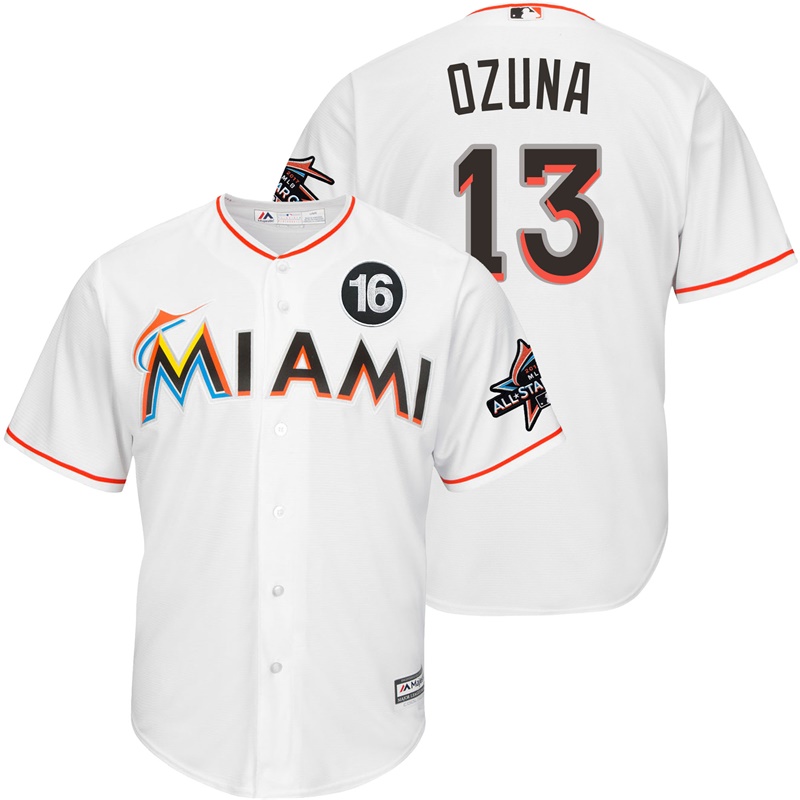 Men's Miami Marlins #13 Marchell Ozuna 2017 All-Star Jose Fernandez Patch White Cool Base Jersey