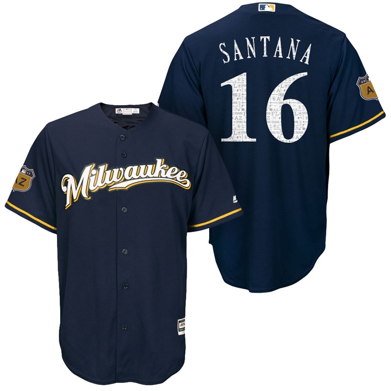 Men's Milwaukee Brewers #16 Domingo Santana 2017 Spring Training Cactus League Patch Navy Cool Base Jersey