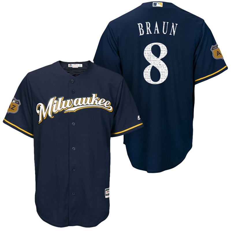 Men's Milwaukee Brewers #8 Ryan Braun 2017 Spring Training Cactus League Patch Navy Cool Base Jersey