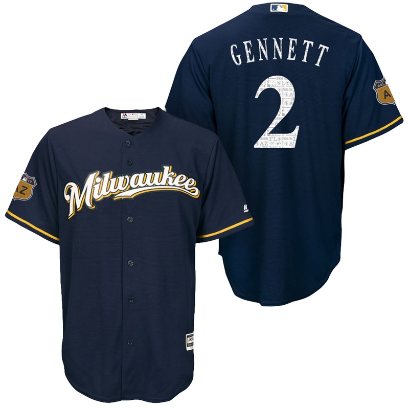 Men's Milwaukee Brewers #2 Scooter Gennett 2017 Spring Training Cactus League Patch Navy Cool Base Jersey