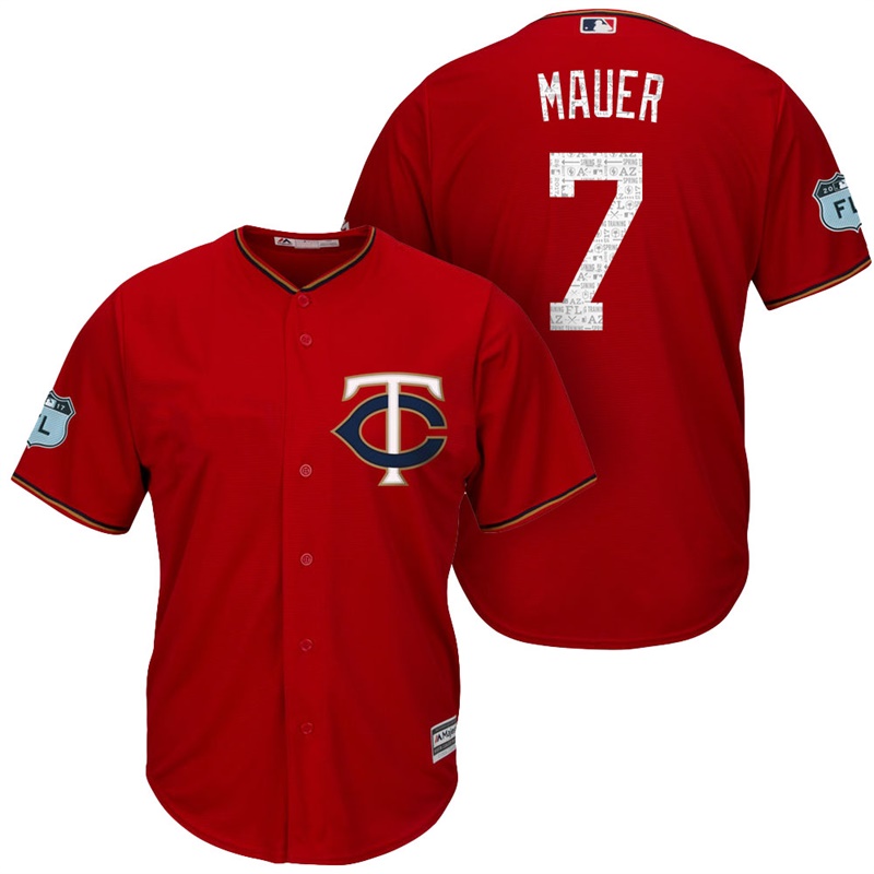 Men's Minnesota Twins #7 Joe Mauer 2017 Spring Training Grapefruit League Patch Scarlet Cool Base Jersey