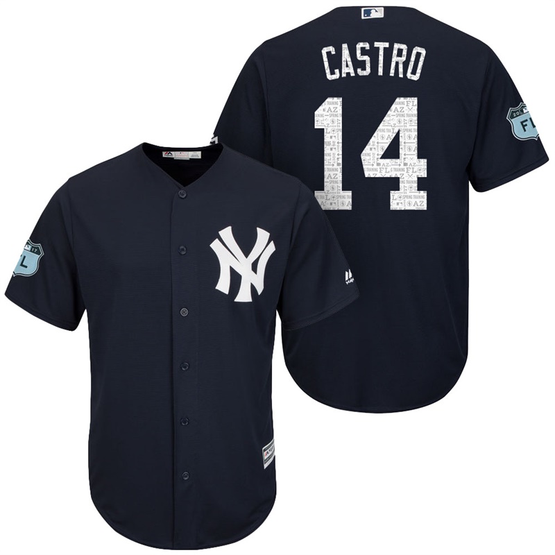 Men's New York Yankees #14 Starlin Castro 2017 Spring Training Grapefruit League Patch Navy Cool Base Jersey