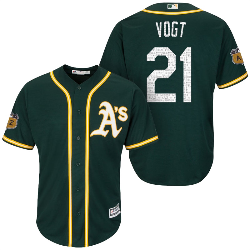 Men's Oakland Athletics #21 Stephen Vogt 2017 Spring Training Cactus League Patch Green Cool Base Jersey