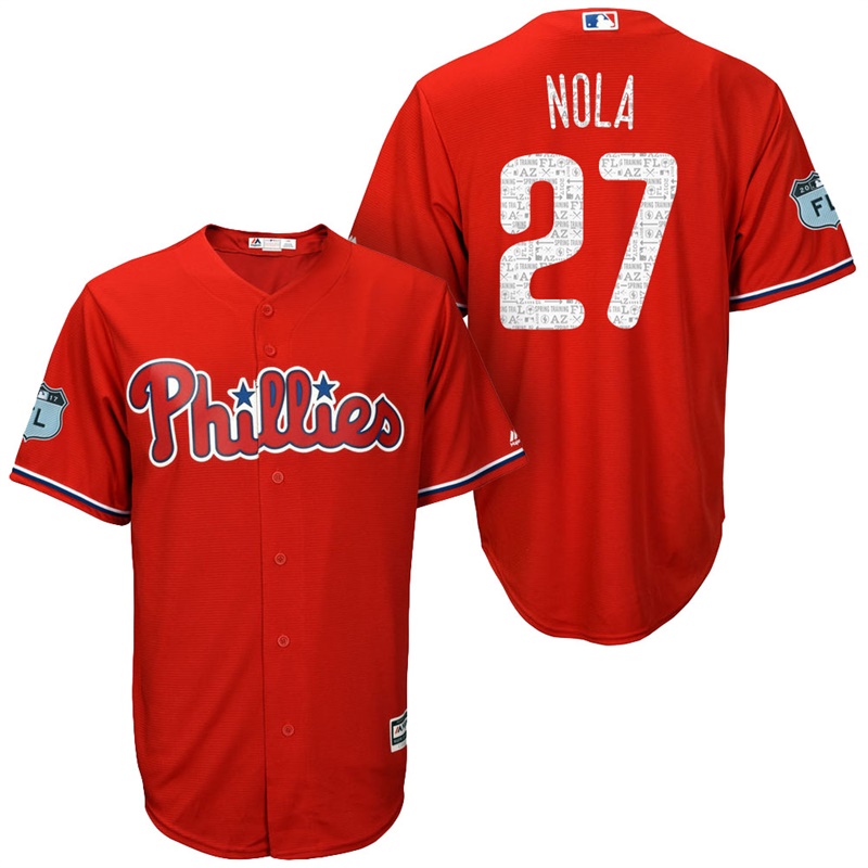 Men's Philadelphia Phillies #27 Aaron Nola 2017 Spring Training Grapefruit League Patch Scarlet Cool Base Jersey