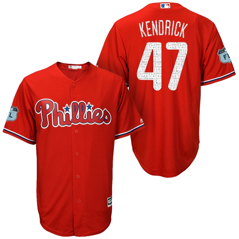 Men's Philadelphia Phillies #47 Howie Kendrick 2017 Spring Training Grapefruit League Patch Scarlet Cool Base Jersey