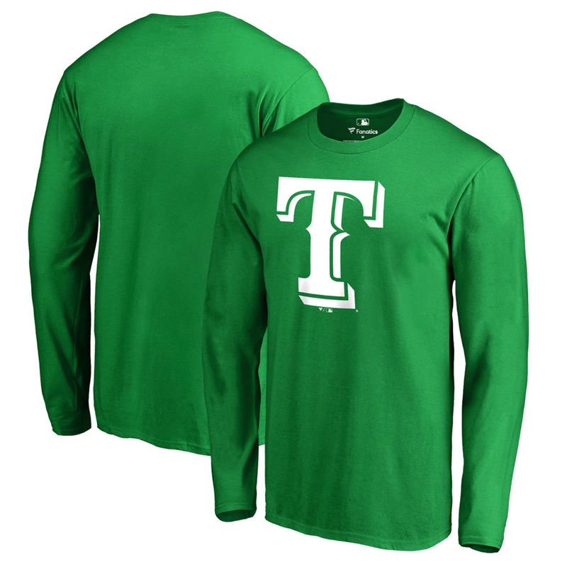 Men's Texas Rangers Kelly Green St. Patrick's Day White Logo Long Sleeve T-Shirt