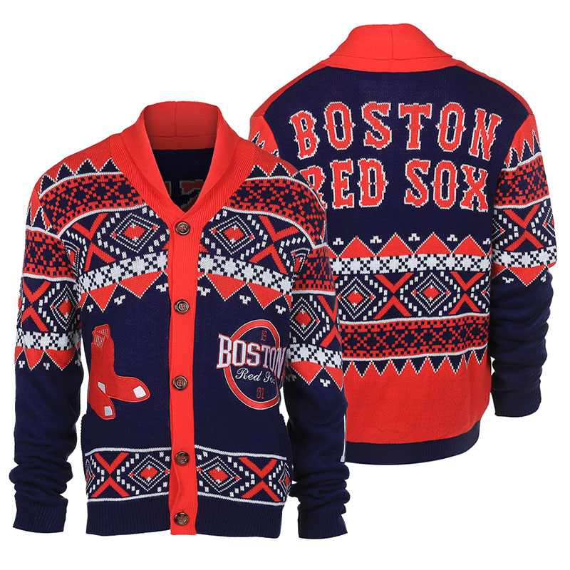 Men's Boston Red Sox Red Ugly Cardigan Long Sleeve Sweater