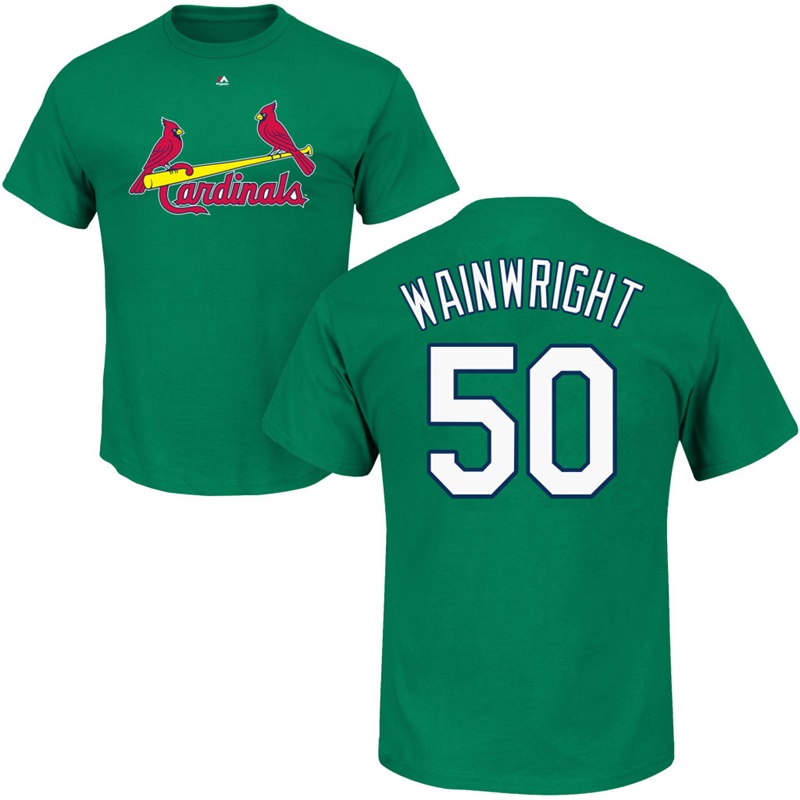 Men's St. Louis Cardinals Adam Wainwright #50 Green St. Patrick's Day Roster T-Shirt