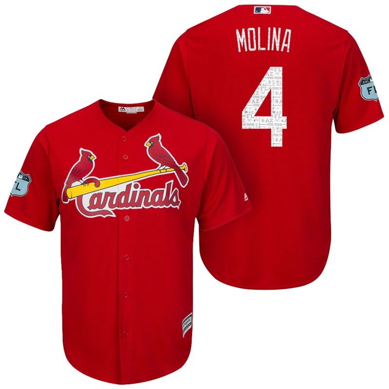 Men's St. Louis Cardinals #4 Yadier Molina 2017 Spring Training Grapefruit League Patch Scarlet Cool Base Jersey