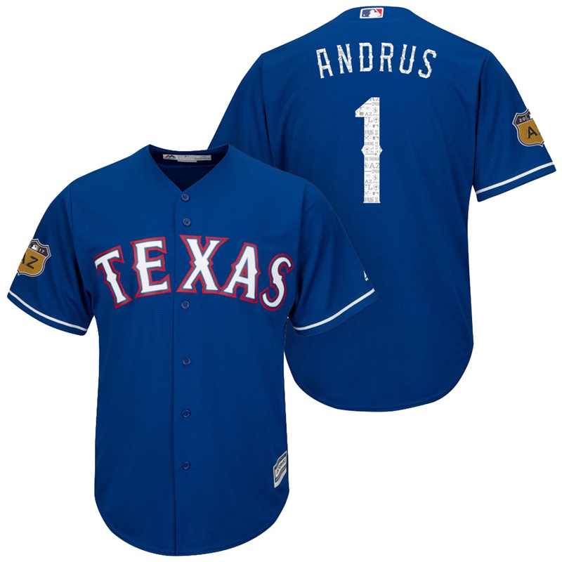 Men's Texas Rangers #1 Elvis Andrus 2017 Spring Training Cactus League Patch Royal Cool Base Jersey