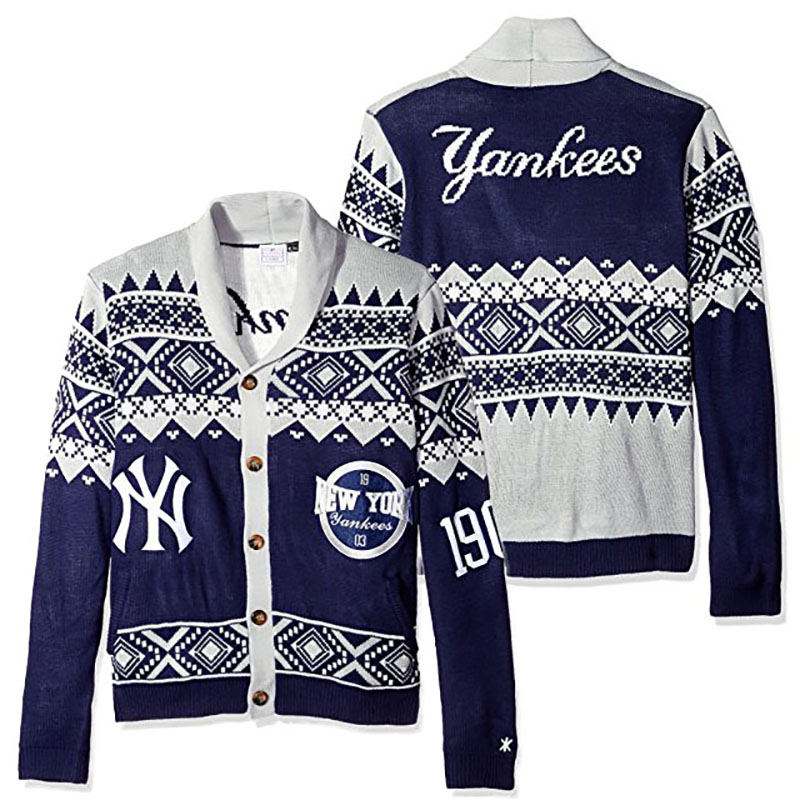 Men's New York Yankees Navy Ugly Cardigan Long Sleeve Sweater