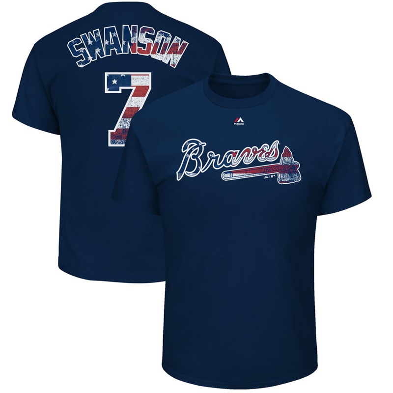 Men Atlanta Braves Dansby Swanson #7 Navy 2017 Stars & Stripes Name & Number T-Shirt