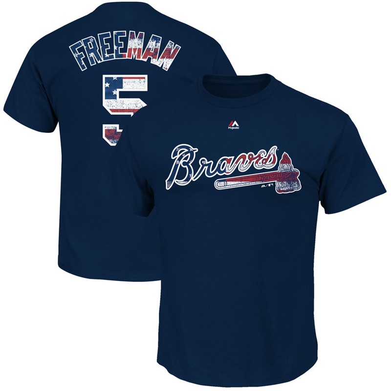 Men Atlanta Braves Freddie Freeman #5 Navy 2017 Stars & Stripes Name & Number T-Shirt