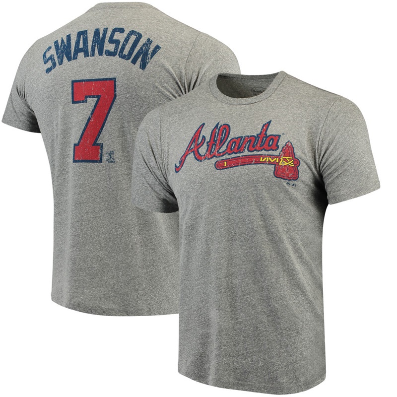 Men Atlanta Braves Dansby Swanson Tri-Blend Name & Number Gray T-Shirt