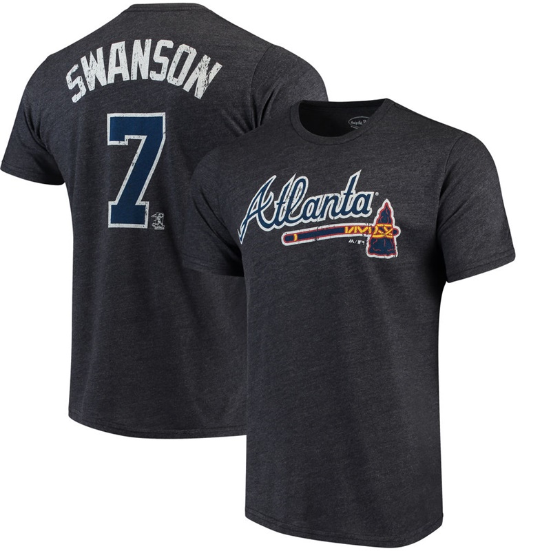 Men Atlanta Braves Dansby Swanson Tri-Blend Name & Number Navy T-Shirt