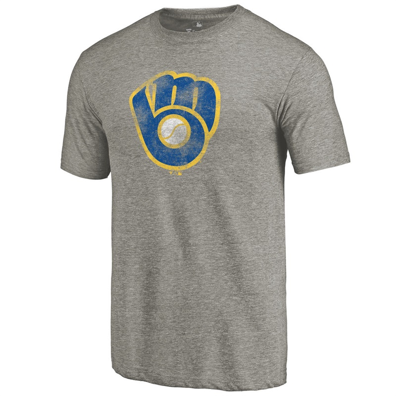 Men Milwaukee Brewers Tri-Blend Distressed Team Ash T-Shirt