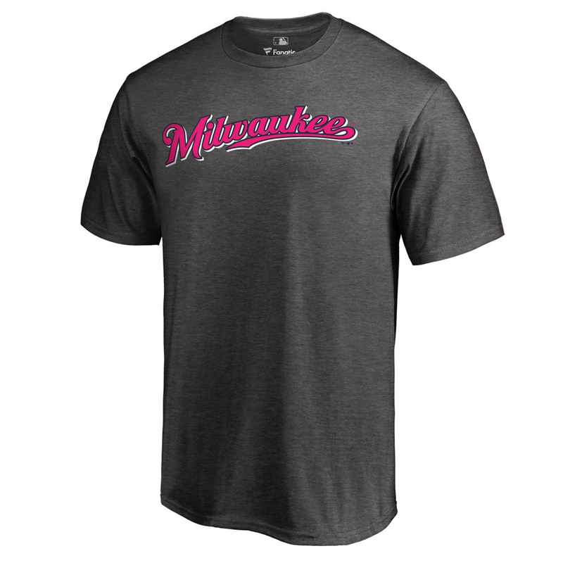 Men 2017 Mother's Day Milwaukee Brewers Pink Wordmark Heather Gray T-Shirt