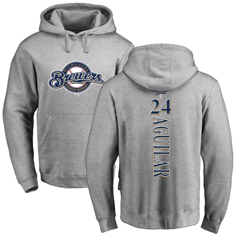 Men Milwaukee Brewers Jesus Aguilar Gray Backer Pullover Hoodie