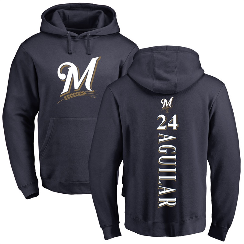 Men Milwaukee Brewers Jesus Aguilar Navy Backer Pullover Hoodie