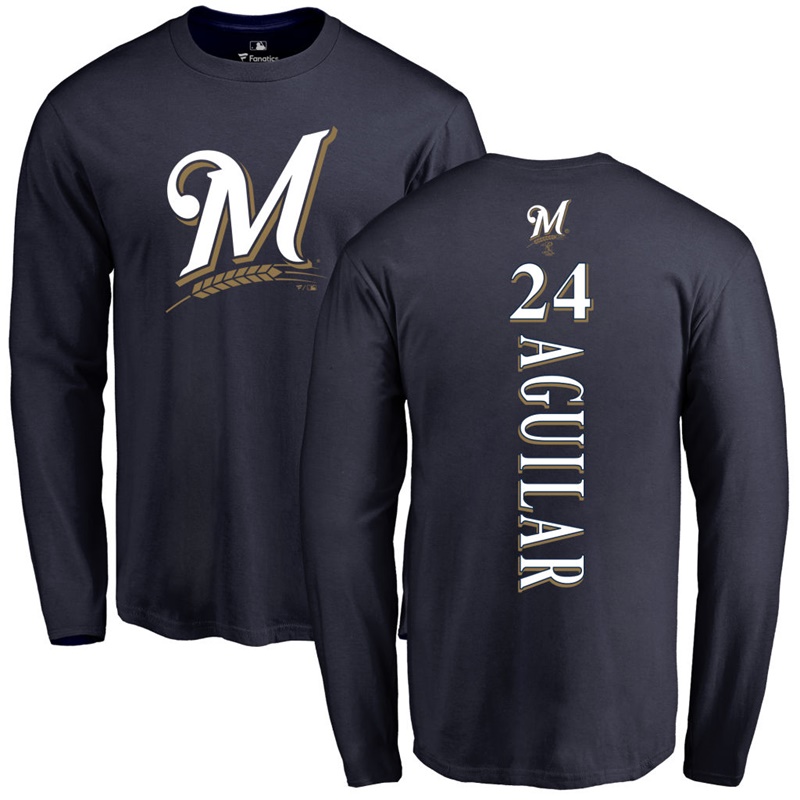 Men Milwaukee Brewers Jesus Aguilar Backer Long Sleeve #24 Navy T-Shirt